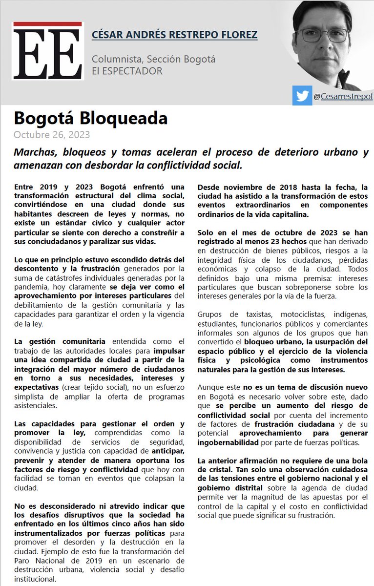 Cesarestrepof's tweet photo. ⚠️¿Por qué @Bogota es un espacio invivible?

🚨¿Los bloqueos y cortes de vía seguirán restringiendo sus libertades y derechos?

🤔¿Qué  hacer  para administrar una ciudad donde el bloqueo aumentará?

🚩🚩🚩🚩🚩BOGOTÁ BLOQUEADA
https://t.co/AUp2KNjAz6 https://t.co/6kcOcAcSXz
