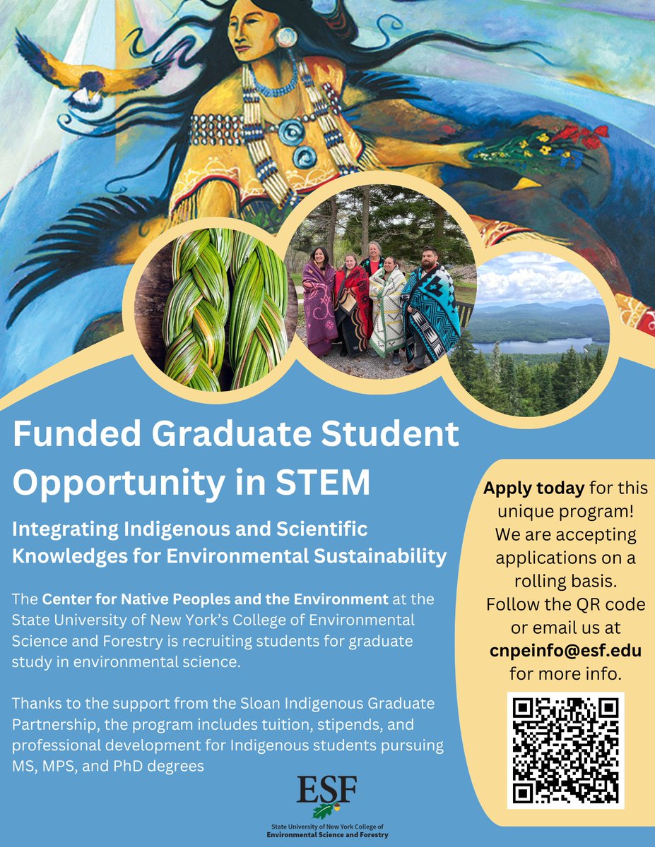 Our partners at @sunyesf's Center for Native Peoples and the Environment are accepting applications on a rolling basis for their unique and FULLY FUNDED program integrating Indigenous and scientific knowledges for environmental sustainability!