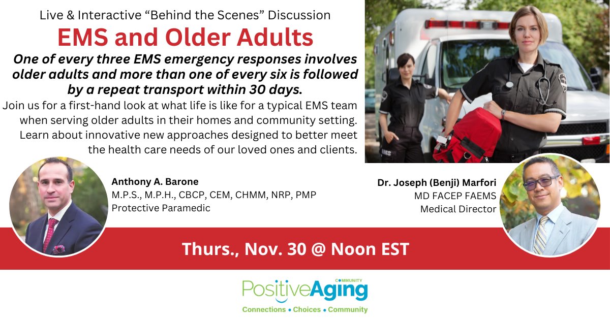 emergility's tweet photo. @emergility and @proaging invites you to join us for a live and interactive "behind the scenes" discussion on EMS and Older Adults

Thursday, November 30 from 12:00PM - 1:00PM
 
https://t.co/zrmB3yjLHY https://t.co/Kb6i5WkqWW