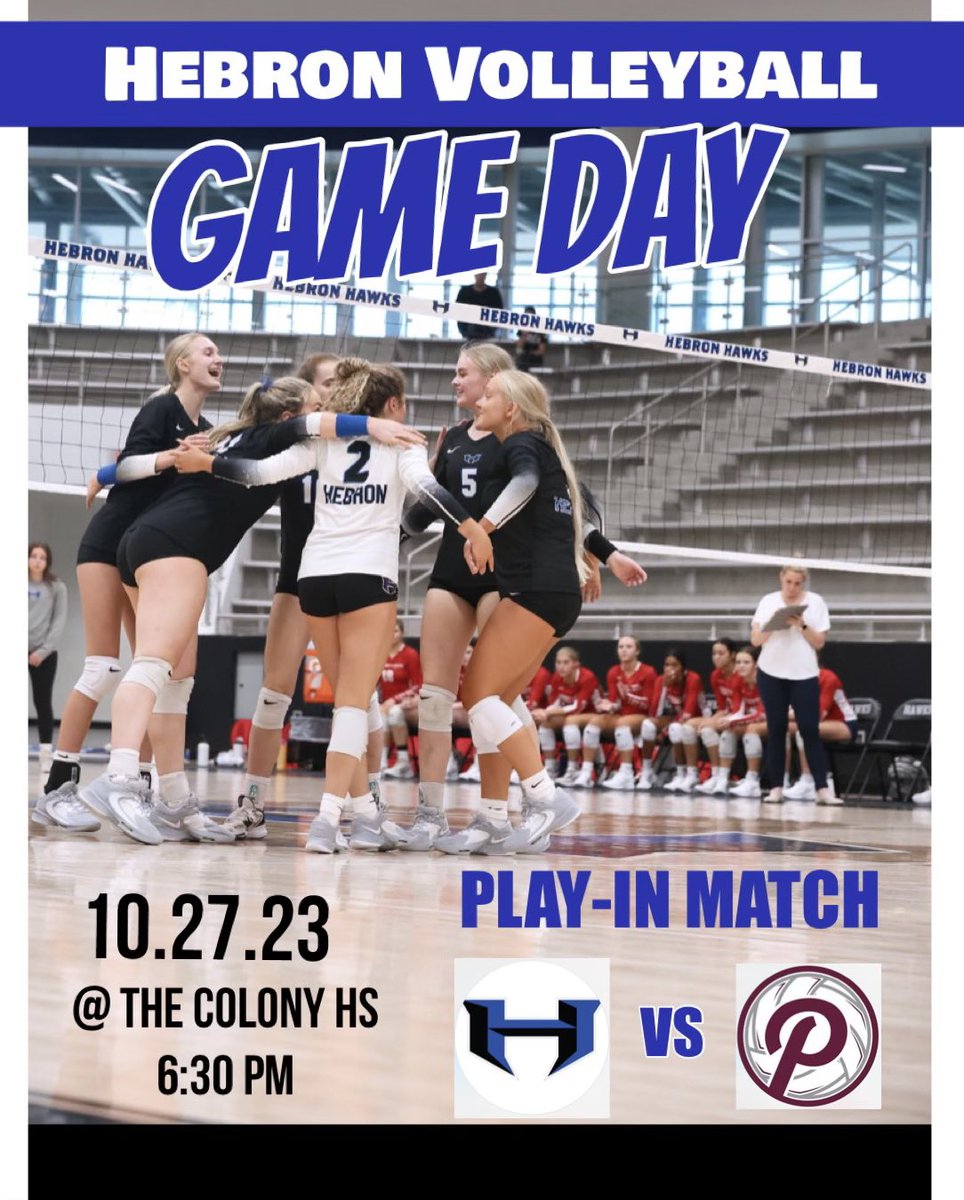 Hawk Fans wear BLUE and CHEER LOUD for your Hebron Hawks Varsity Volleyball team tonight 10/27, as they fight to defeat Plano for the final spot in Playoffs for district 6-6A. Game starts at 6:30 at The Colony HS 🏐💙Let’s go Hawks! #hpnd #hebronhawks
