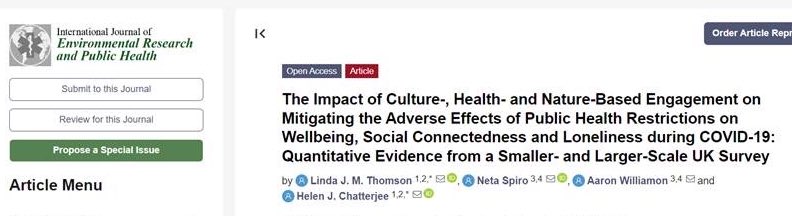 Just published with @IJERPH_MDPI Linda Thomson @AaronWilliamon @NetaSpiro the impact of community, cultural & nature-based activities on wellbeing, social connectedness & loneliness during Covid: doi.org/10.3390/ijerph…