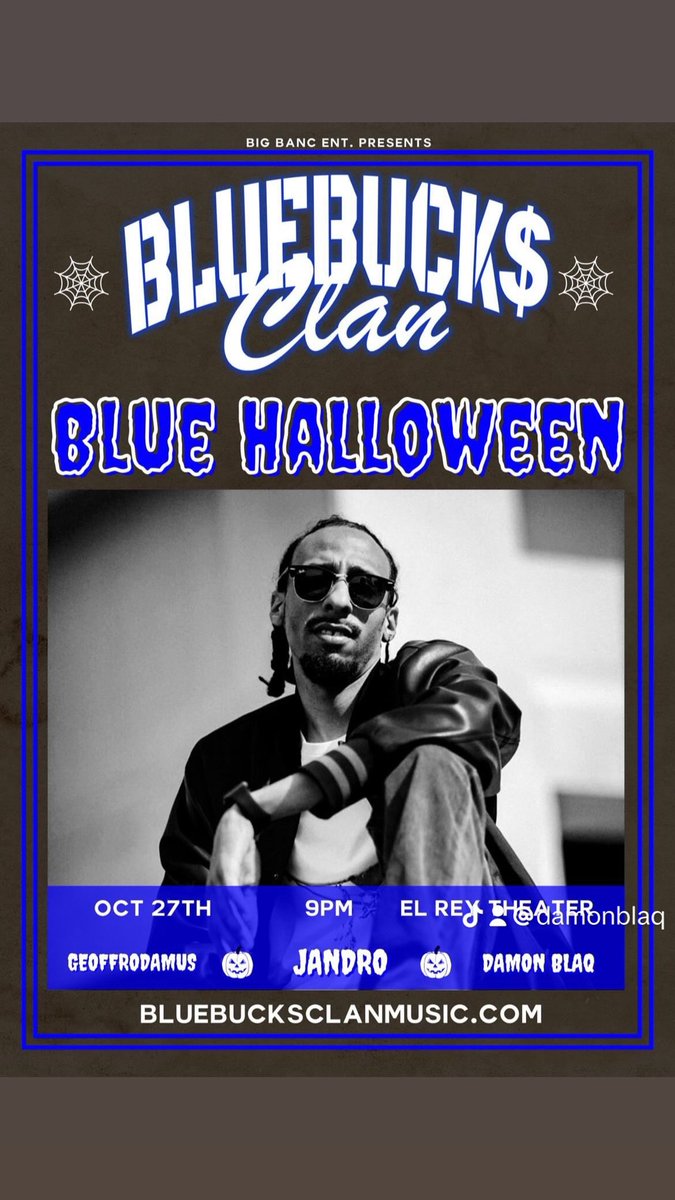 DamonBlaQ's tweet photo. I’ll be opening up for Blue Bucks Clan tonight at the El Rey Theater! Bring your costumes &amp; your blue out and be ready to party! 🎃 https://t.co/jHM2uAIR4S