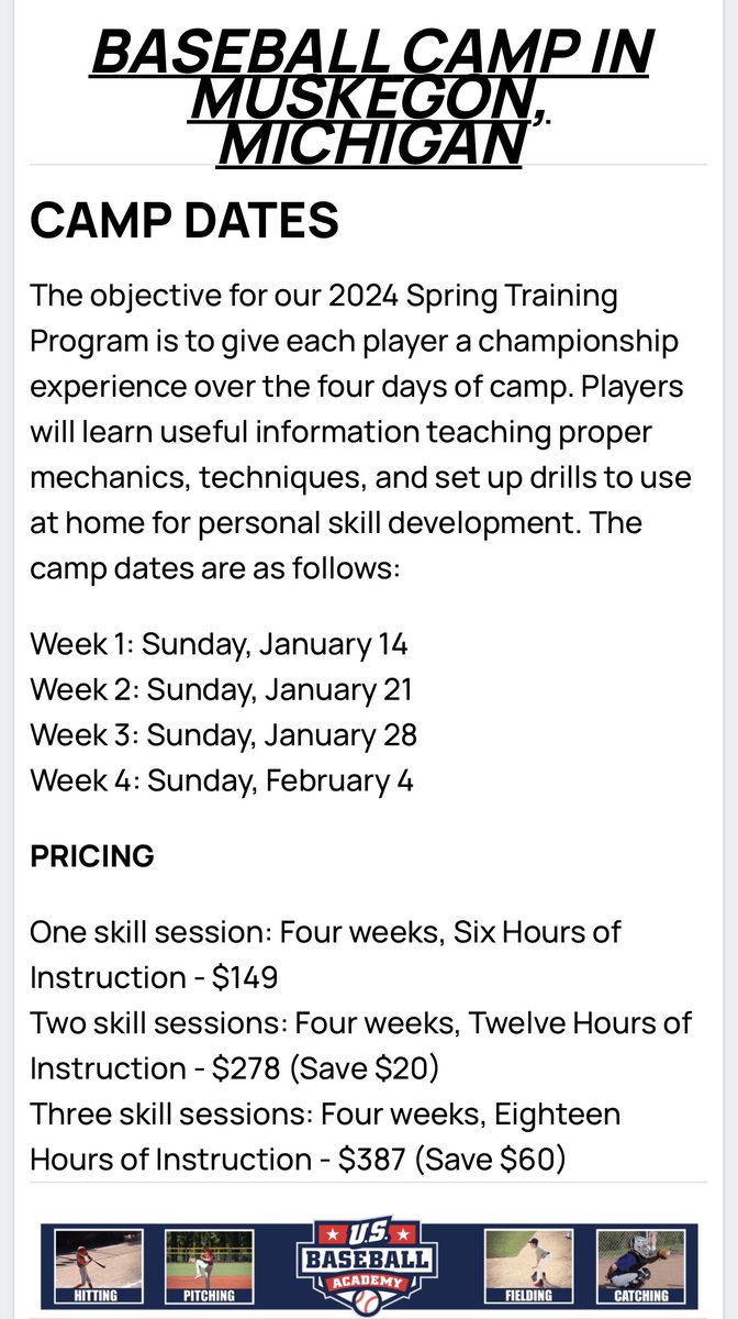 Muskegon CC Baseball (@jayhawksbsb) on Twitter photo Proud to announce we have partnered with <a href="/USBaseballAcad/">US Baseball Academy</a> to offer winter camps! Great opportunity to learn hands-on from Collegiate coaches & players. Registration is open until the end of the month. Sign up with the link today!
app.usbaseballacademy.com/camps/muskegon… Proud to announce we have partnered with <a href="/USBaseballAcad/">US Baseball Academy</a> to offer winter camps! Great opportunity to learn hands-on from Collegiate coaches & players. Registration is open until the end of the month. Sign up with the link today!
app.usbaseballacademy.com/camps/muskegon…