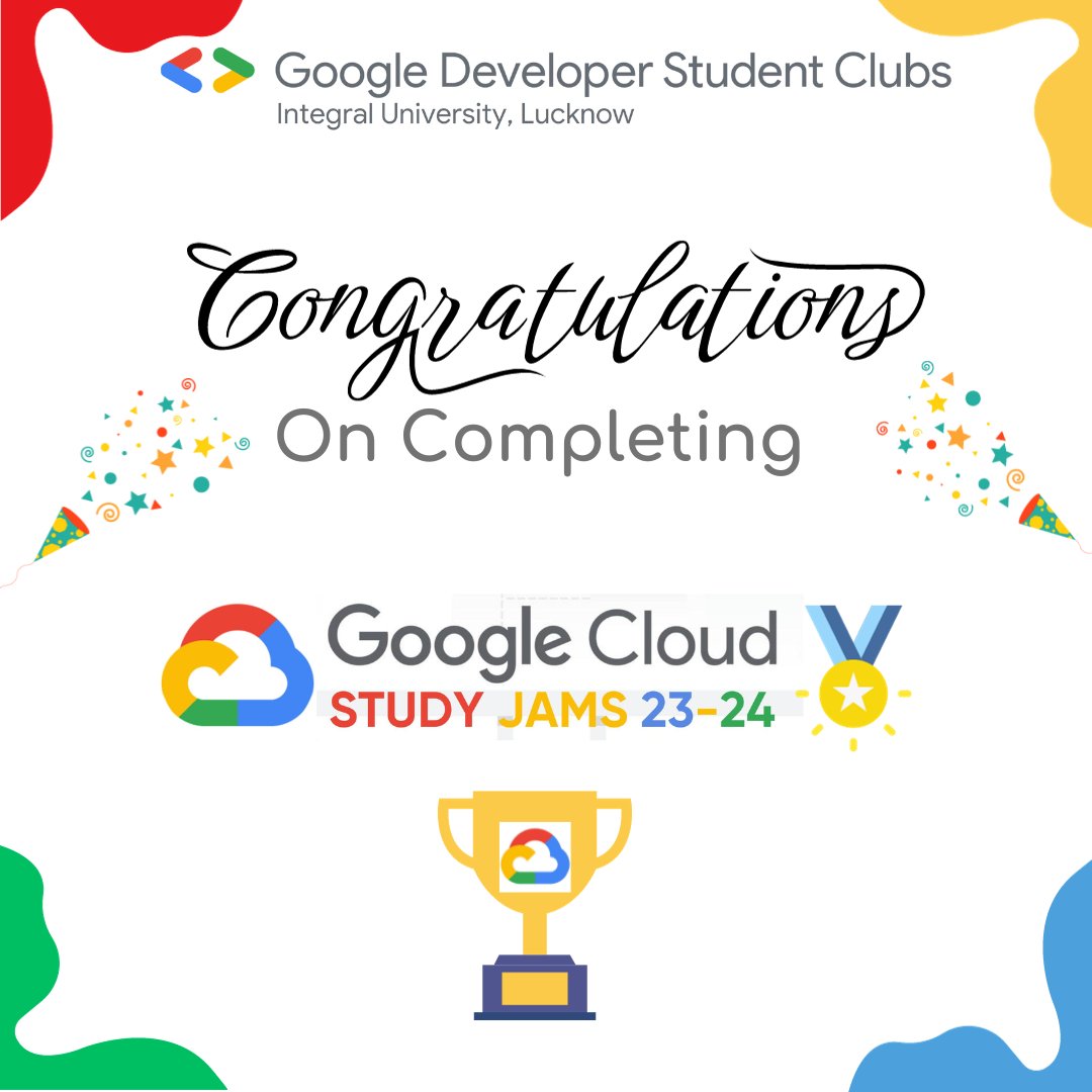 gdgc_iul's tweet photo. Congratulations hustlers! 🎉 on completing Google Cloud Study Jam 2023! 🔥
You are now skilled with skills of GenAI 🤖 &amp; Cloud Computing Fundamentals 🌩, as your Skills Boost Badges show it all😍

#gdsc #google #developerstudentsclub #integraluniversity #cloud #cloudstudyjam https://t.co/E1KX2N2Eso