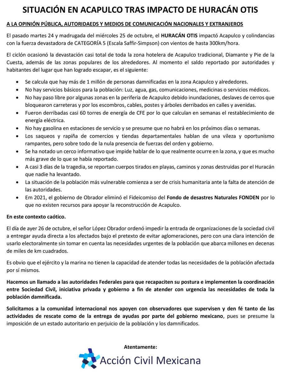 A la opinión pública, autoridades y medios de comunicación. #SalvemosAcapulco #AyudaParaAcapulco
<a href="/CIDH/">CIDH - IACHR</a> <a href="/HRI_EU/">Abejorro Mater King I</a> <a href="/UNHumanRights/">UN Human Rights</a>
<a href="/hrw_espanol/">Human Rights Watch</a> <a href="/OEA_oficial/">OEA</a>
<a href="/Almagro_OEA2015/">Luis Almagro</a> <a href="/ONU_es/">Naciones Unidas</a> <a href="/ONU_es/">Naciones Unidas</a> 
<a href="/USAGovEspanol/">USAGov en Español</a> <a href="/CNNMex/">CNN México</a> <a href="/RicardoBSalinas/">Don Ricardo Salinas Pliego</a> <a href="/Mzavalagc/">Margarita Zavala</a> <a href="/XochitlGalvez/">Xóchitl Gálvez Ruiz</a> <a href="/brozoxmiswebs/">brozo xmiswebs</a>