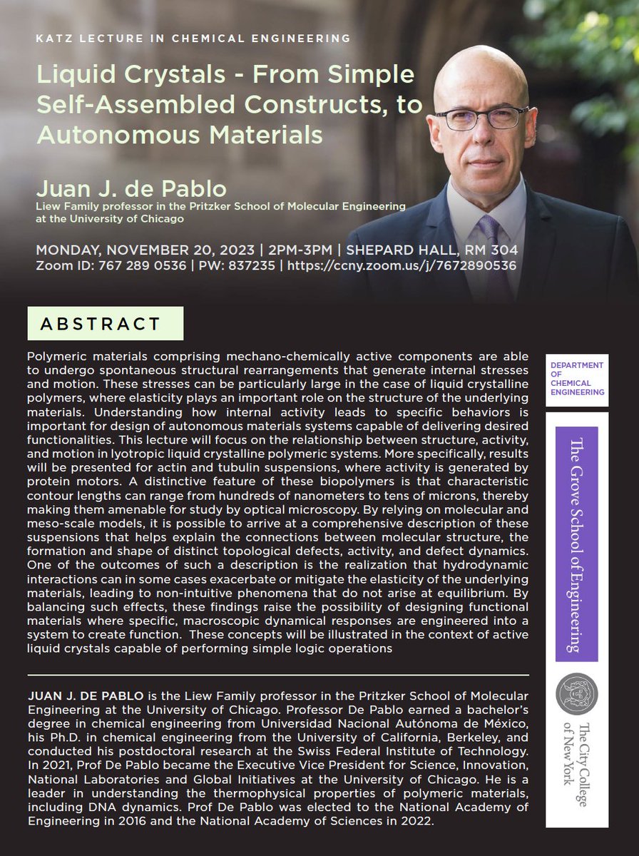 We're excited to have Prof. Juan de Pablo give our "Katz Lecture in Chemical Engineering" on Nov. 20, 2023!