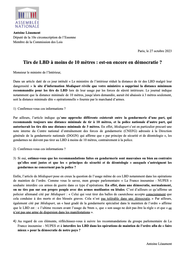 ALeaument's tweet photo. Tirs de LBD à moins de 10 mètres : est-on encore en démocratie ? 

«Dans une démocratie, normalement, on ne tire pas sur son propre peuple avec des armes mutilantes ou létales.»

Ma question écrite au ministre de l'Intérieur @GDarmanin suite aux révélations de @Mediapart. ⤵️ https://t.co/gT9zXWRQ6Z