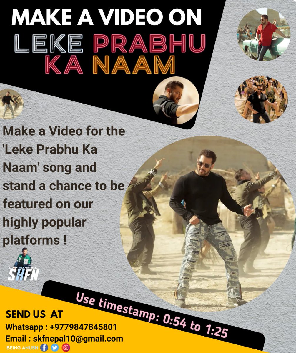 Create a video on the song "Leke Prabhu Ka Naam" and have a chance to be featured on Salman Khan Fans Nepal. The most-liked video will receive a special gift hamper from the team ❤️
<a href="/yrf/">Yash Raj Films</a> 
<a href="/BeingSalmanKhan/">Salman Khan</a> <a href="/arijitsingh/">Arijit Singh</a> #SalmanKhan 
#LekePrabhuKaNaam #Tiger3