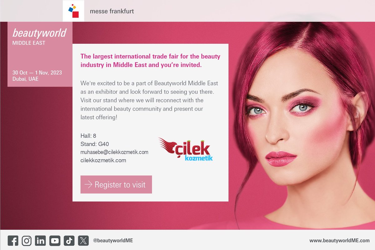 LoyalTurkiye's tweet photo. Çilek Kozmetik Dubai'de Beauty World Middle East Fuarı'nda! 
30 Ekim - 1 Kasım tarihleri arasında düzenlenen Beauty World Middle East Fuarı'nda, doğal güzellik anlayışımızla yerimizi aldık. 8. Salon, Stand Numarası G40'ta sizi bekliyoruz!
📍 8. Salon, Stand G40 📞 
#ÇilekCosmetic https://t.co/6YwCkQWhqo