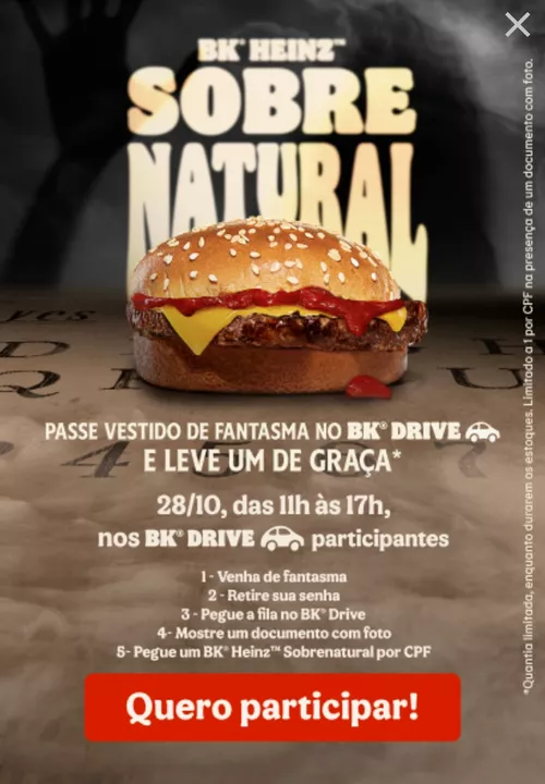 Venha de fantasma no BK Drive e ganhe um BK Heinz Sobrenatural de