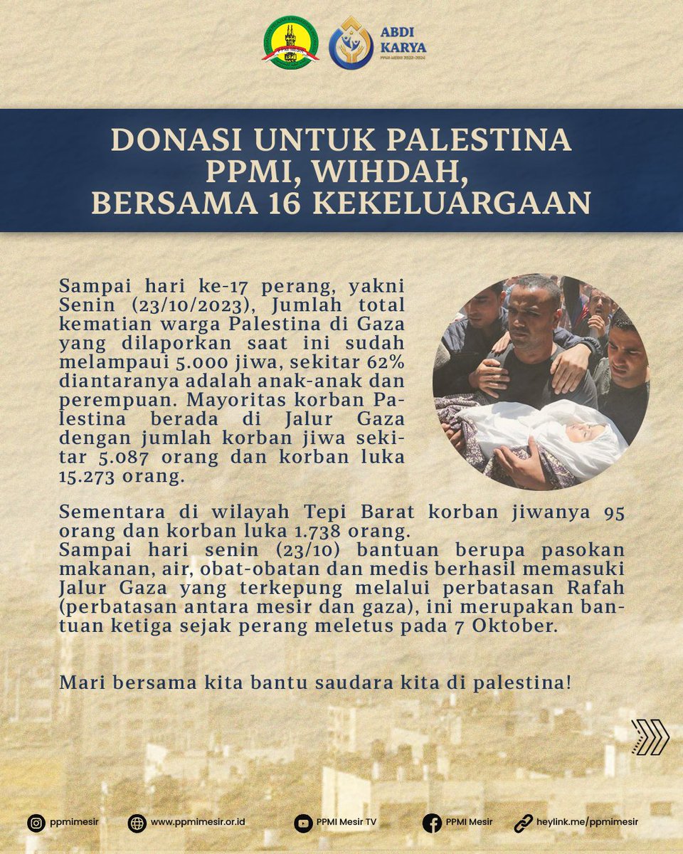 PPMIMESIROFC's tweet photo. 🇵🇸  DONASI UNTUK PALESTINA BERSAMA PPMI, WIHDAH, DAN 16 KEKELUARGAAN NUSANTARA

Rekening Donasi :
7207548108 (BSI)
a.n. Khalid Syaifullah Rabbani

Konfirmasi melalui :
https://t.co/Hll4PVCWDq (Khalid Syaifullah) https://t.co/P8mI45l4eO