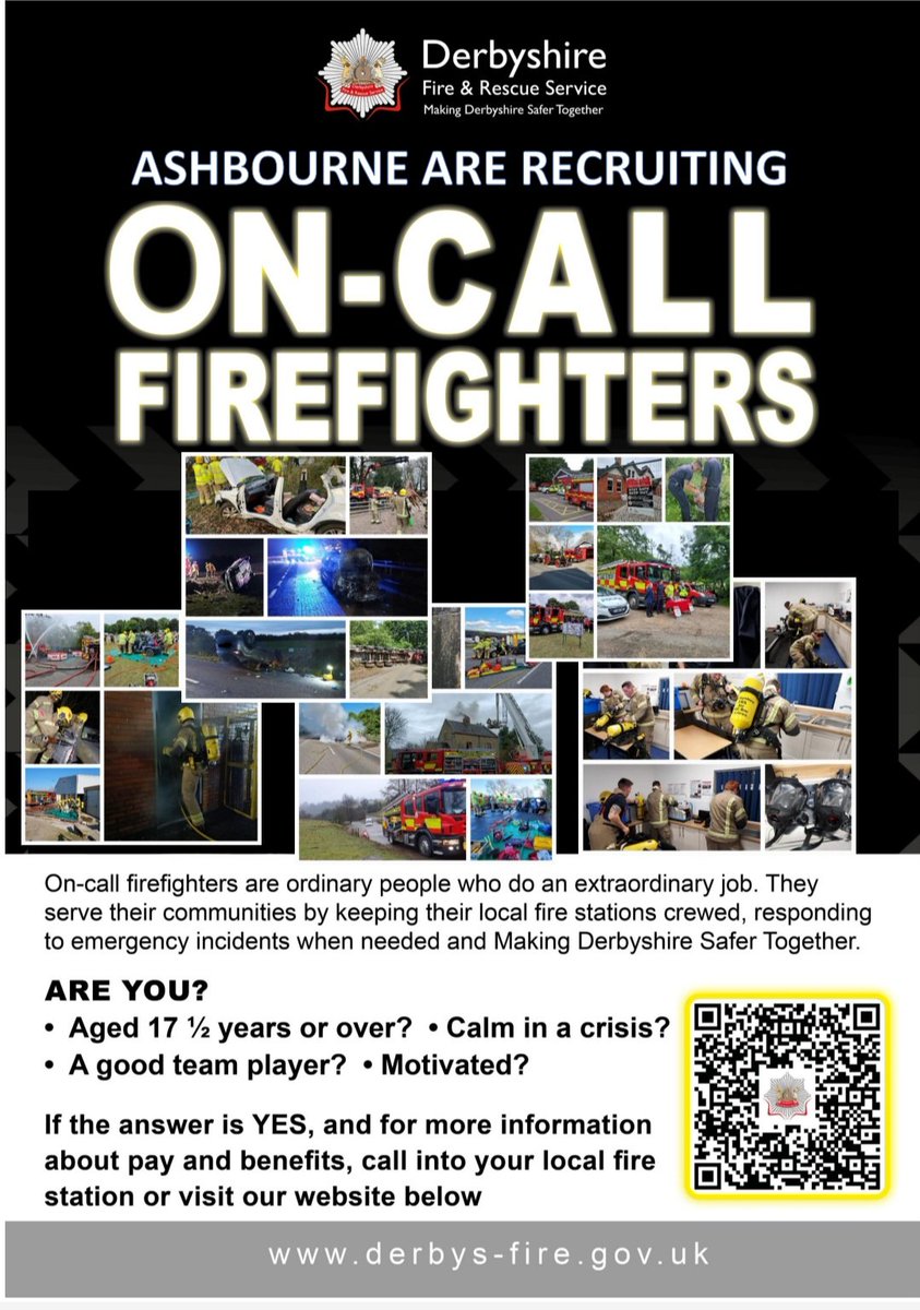 AshbourneStn's tweet photo. Hello Ashbourne! @AshbourneStn 🚒 from @DerbyshireFRS here, and we want you to 👀 at our new recruitment poster coming to a shop/outlet near you soon!! We are recruiting now - and need you 🫵 please share this on other social media and spread the word👍#needmore #recruiting https://t.co/27qf9YwfgH
