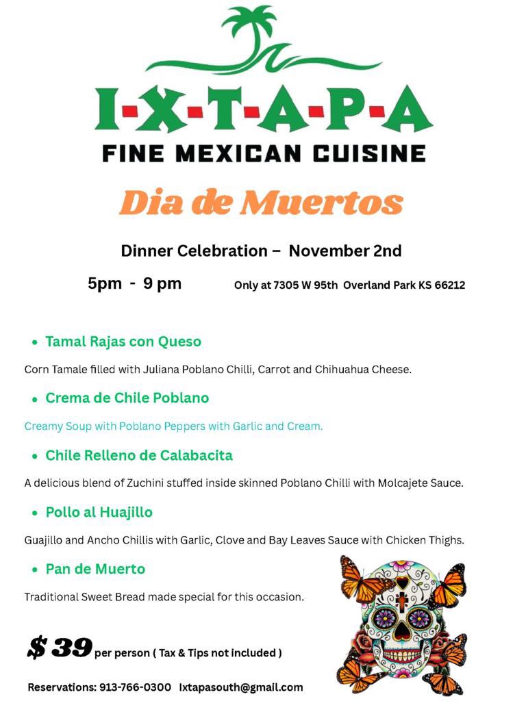 IxtapaFineMex's tweet photo. Join us in Overland Park for a #diadelosmuertos celebration! https://t.co/k6b4Z3z1ab