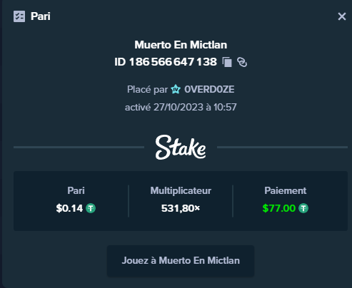 Verd0Ze's tweet photo. @Stake Hello my stake username is : 0VERD0ZE
My multi is x531.8 and this slot is my favorite https://t.co/t5qVjLk8CH