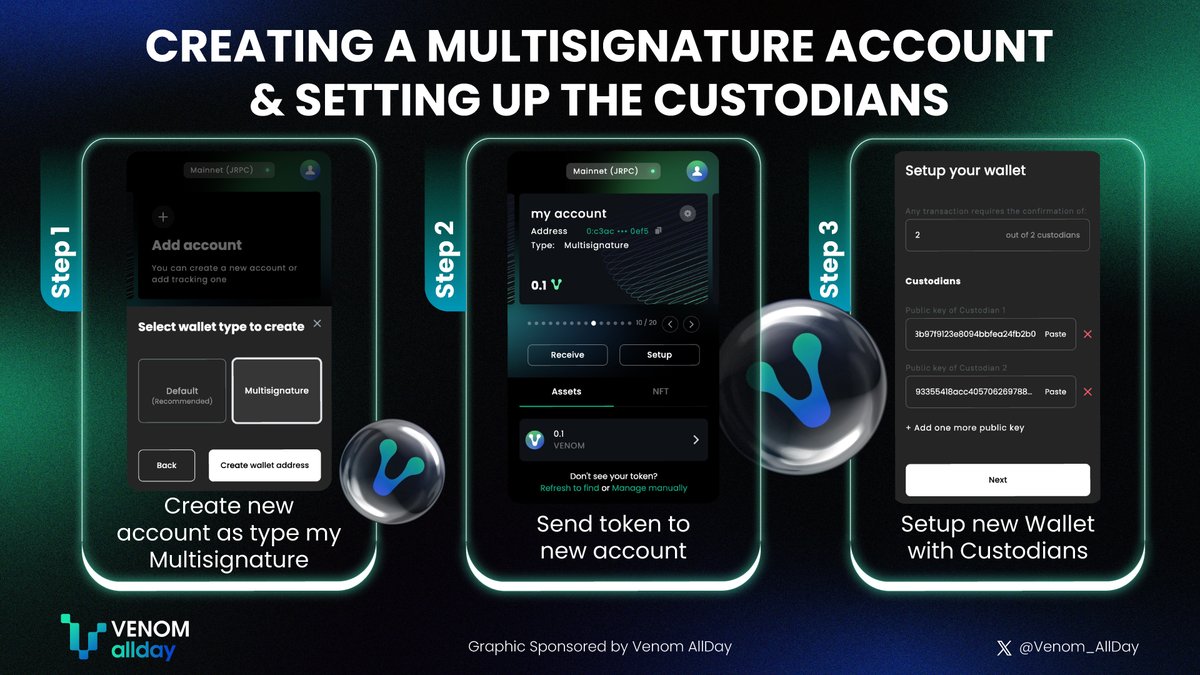 Venom_allday's tweet photo. 🔥 Creating a #Multisignature Account &amp; Setting up the #Custodians

🔐 Multisignature is a security feature enabling multiple individuals to approve a wallet transaction, enhancing security and accountability.

🔽 Scroll down to see instructions

#Venom_AllDay

1/13 https://t.co/R8OLANvBOS