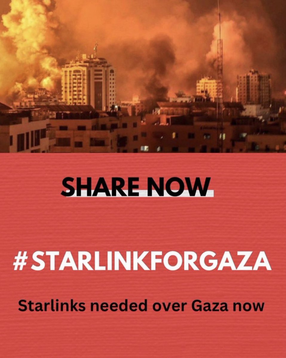 AbeerNamo3's tweet photo. Dear Elon Musk, Gaza has no electricity, water, food, medicine, fuel, and as of today, no internet. Gazan children need your help to make their voices heard around the world. Please send Starlink to Gaza. 

#starlinkforgaza @elonmusk https://t.co/g3m9qREuf0