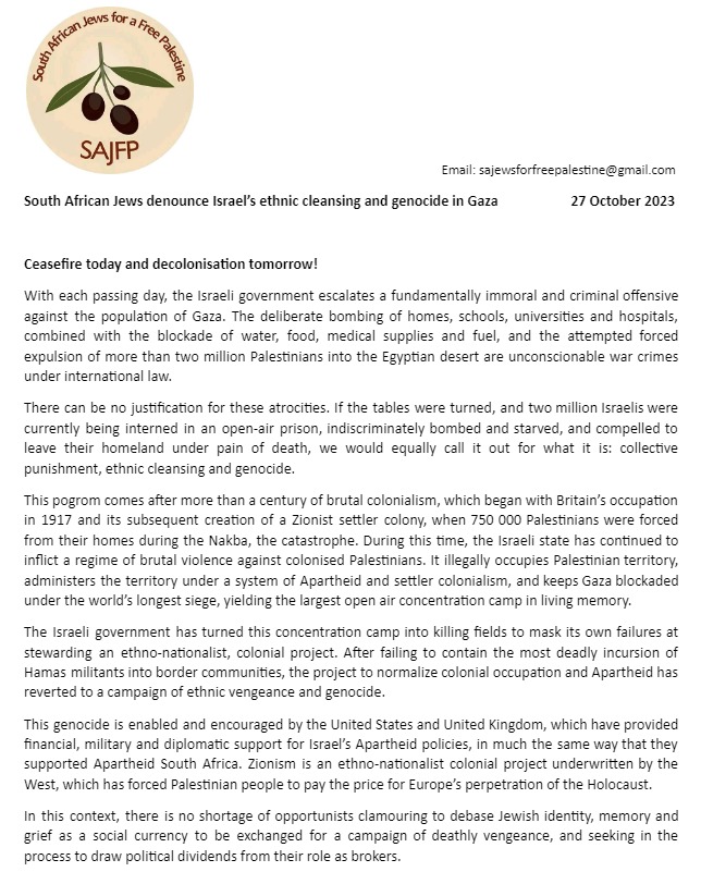 SAJFP_'s tweet photo. If the tables were turned, and two million Israelis were currently being interned in an open-air prison, indiscriminately bombed and starved... we would equally call it out for what it is: collective punishment, ethnic cleansing and genocide. https://t.co/RJ0KOG71Yu