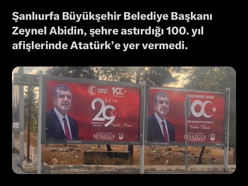 Cumhuriyeti kendi ilan etmiş gibi kendi fotoğrafını koymuş, ya sabır...

Neden Gazi Mustafa Kemal Atatürk düşmanı olursun anlamak mümkün değil.

Sen o belediye başkanı görevindeysen yat kalk Gazi Mustafa Kemal Atatürk’e dua et, saygısızlık yapacağına.