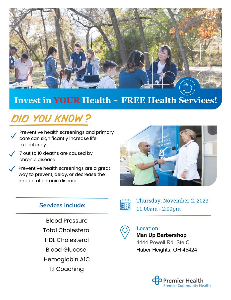 HeightsCommerce's tweet photo. Mark your calendars - Chamber partner Premier Health will provide FREE preventative health services this Thursday, November 2nd at the Man Up Barbershop, located at 4444 Powell Road!

#hhchambercanhelp #hhcoc #HuberHeights #huberheightsohio #checkyourself https://t.co/tMukcqTP29