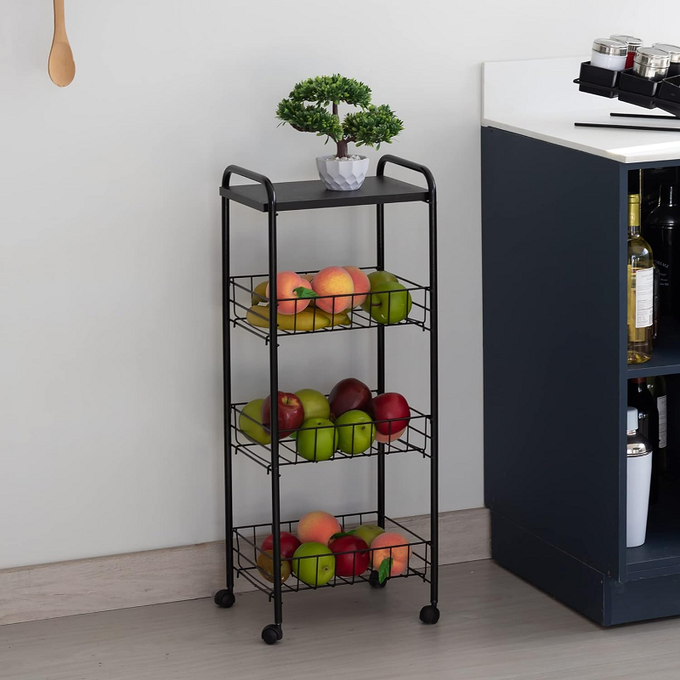 Fruteira de Chão 3 Cestos com Tampo de Madeira e Rodas, Cor Preto, Metaltru