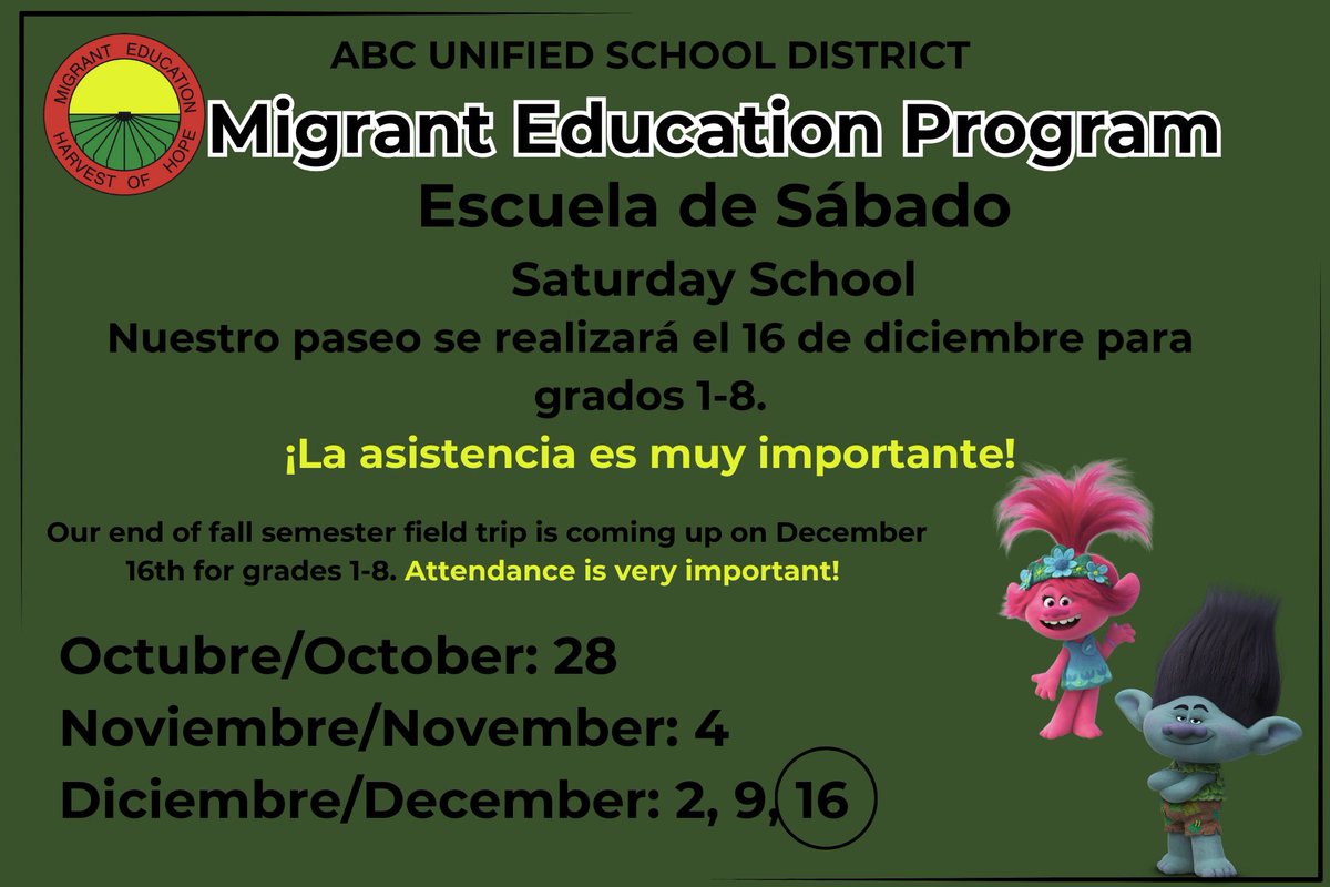 mep_abcusd's tweet image. Recordatorio! Mañana tenemos clases de sábado. Nuestro paseo es el 16 de diciembre, así que esperamos verlos a todos los próximos sábados: 28 de octubre, 4 de noviembre, 2, 9 y 16 de diciembre.