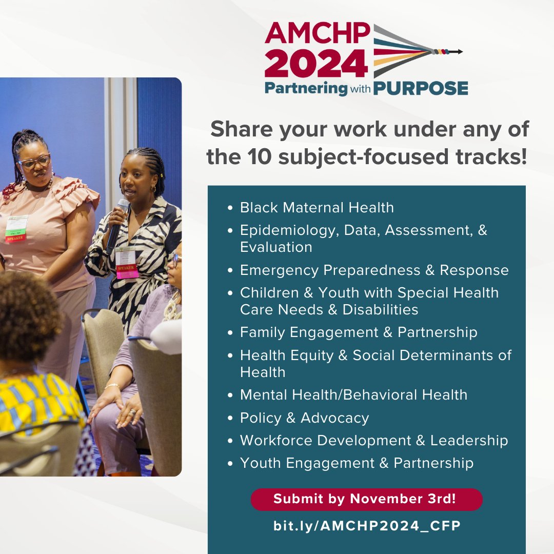DC_AMCHP's tweet photo. There's still time to work on your proposal for #AMCHP2024! Explore next year’s theme, Partnering with Purpose, and apply to share your work and ideas under any of the 10 subject-focused tracks by November 3: https://t.co/QFj9H6Vc25. 

Share this post with your peers! https://t.co/LpbHckpS0R