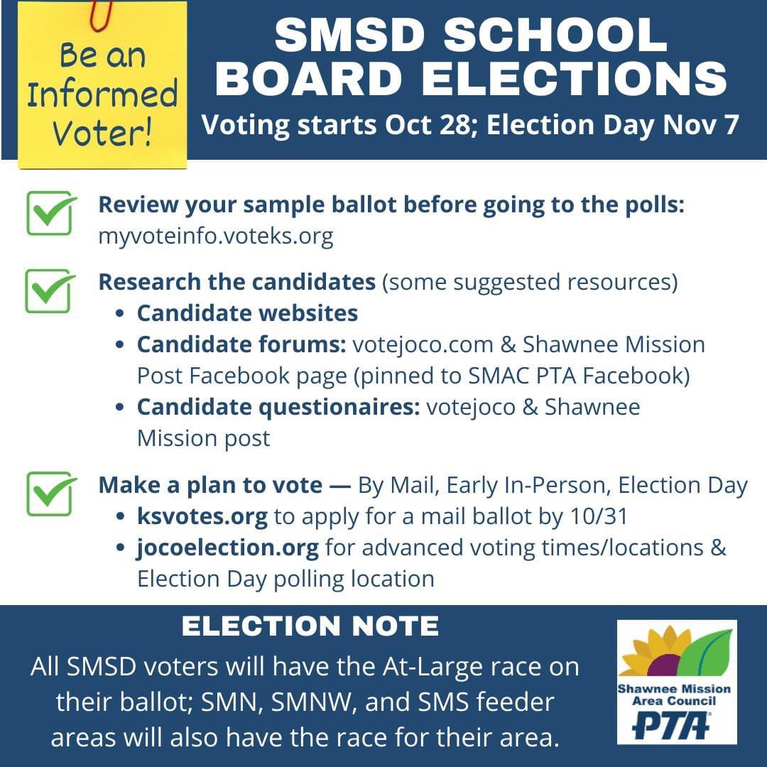 Early voting starts on Saturday!! We need the SMSD community to show up for these school board elections. Check out the candidate forum pinned to our Facebook page. And note the helpful voting info in the graphics below. Share them and encourage other parents to vote!