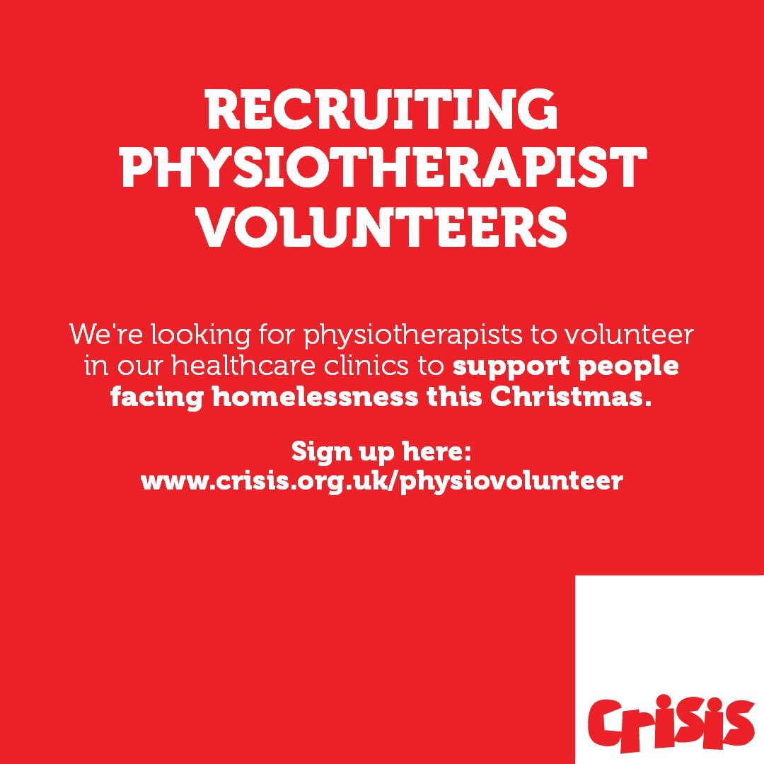 🚨 Calling all London and Newcastle based physios. Do you have some hours to spare to help people experiencing homelessness over Christmas? If so, sign up here: mycrisisvolunteering.crisis.org.uk/physiovolunteer