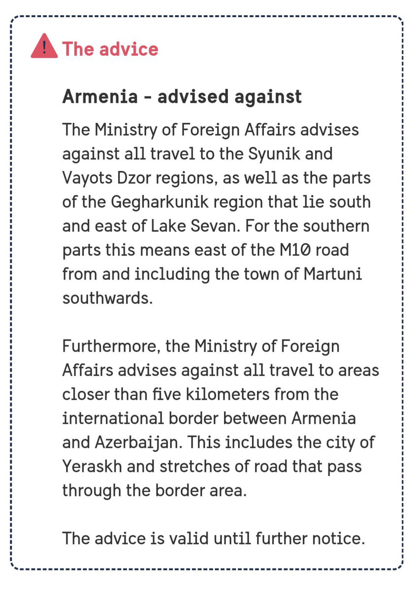 lusine_djanyan's tweet image. Sweden has issued a travel alert urging citizens against travel to Vayats Dzor, east or south of Sevan Lake, Syunik, and to keep 5km from the contact line with Azerbaijan.
#stopAliyev #SanctionAzerbaijan 

swedenabroad.se/sv/om-utlandet…