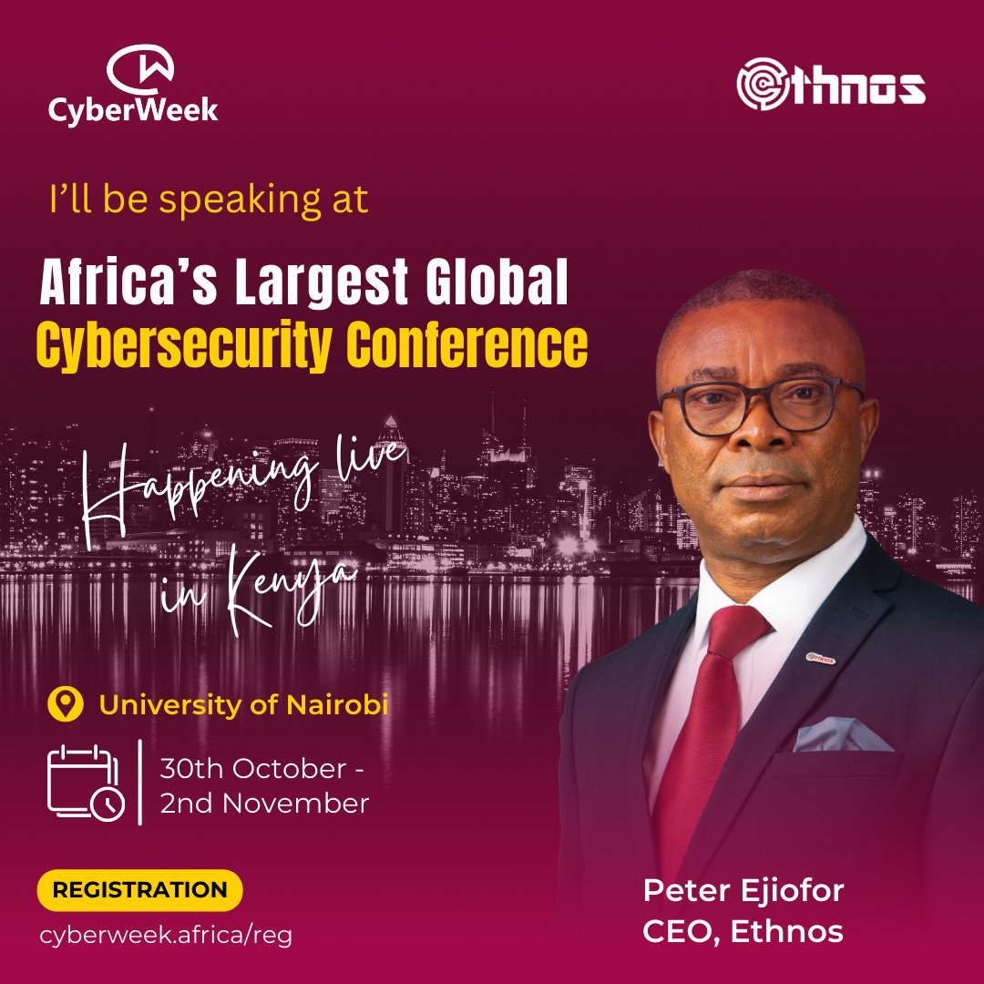 ethnoscyber's tweet photo. Ethnos CEO Peter Ejiofor &amp; head of Service Delivery, Goodness Okpani, will be speaking at Cyber Week, happening live at The University of Nairobi, Kenya.

Register to book a slot for yourself https://t.co/IU17n2Tq61

#Cybersecurity #cybersecurityawarenessmonth #Ethnos #infosec https://t.co/0RRuVUt58m
