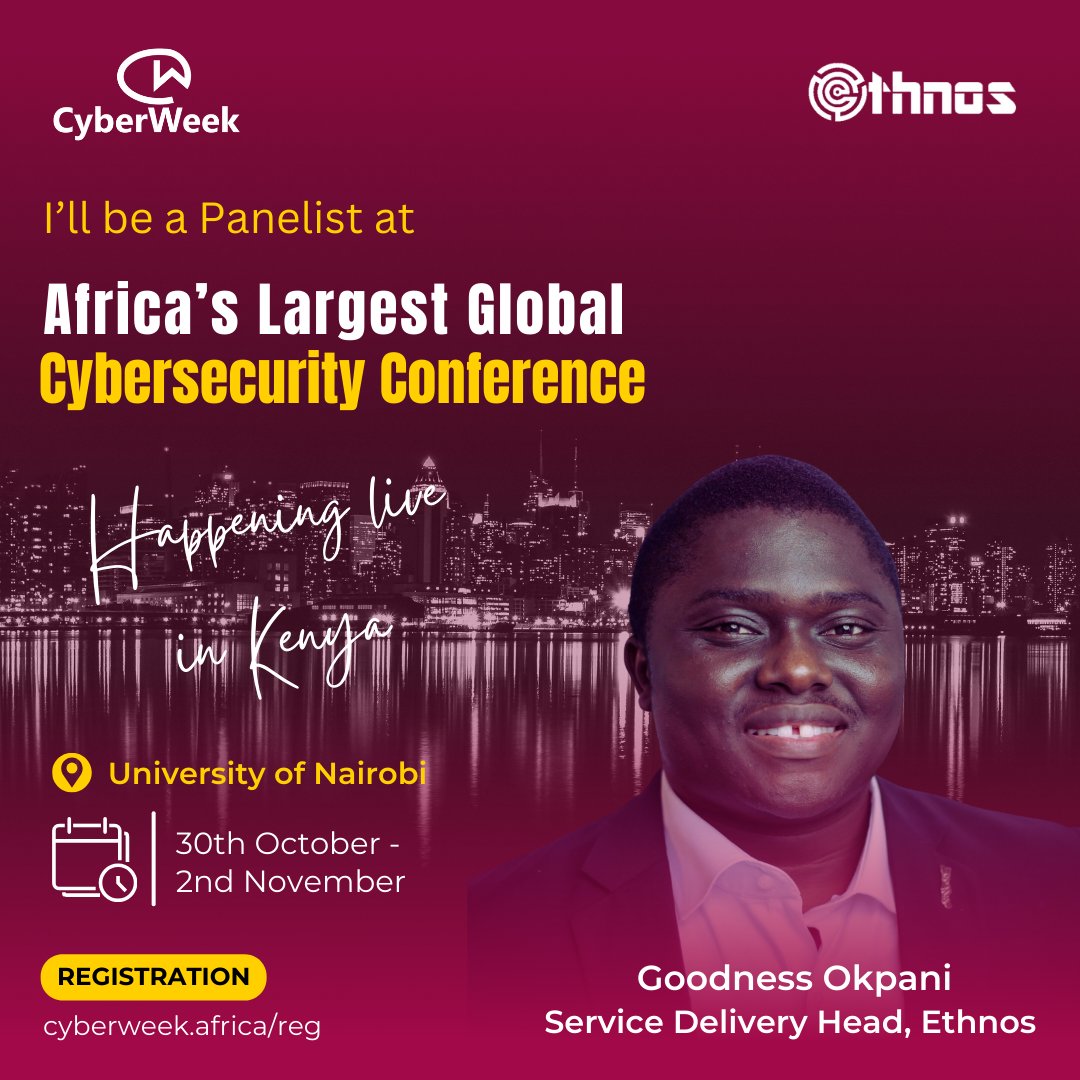 ethnoscyber's tweet photo. Ethnos CEO Peter Ejiofor &amp; head of Service Delivery, Goodness Okpani, will be speaking at Cyber Week, happening live at The University of Nairobi, Kenya.

Register to book a slot for yourself https://t.co/IU17n2Tq61

#Cybersecurity #cybersecurityawarenessmonth #Ethnos #infosec https://t.co/0RRuVUt58m