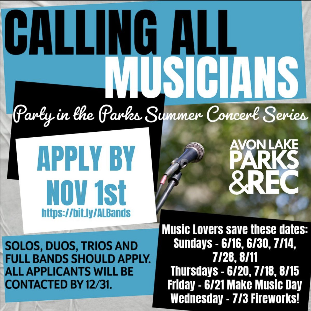 AvonLakeCity's tweet photo. Calling All Musicians!!!

We are looking for some talented performers for our 2024 concert season!

If you, or someone you know, is a solo, duo, trio, or more, have them apply by November 1st at https://t.co/CQPfWGtK5l

#AvonLake #CallingAllMusicians #SummerConcertSeries https://t.co/GsD6GcPvLw
