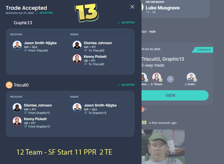 Graphic1337's tweet photo. Off to a bold start in our Mid-Season Startup draft!
Traded for the future 🌟 Snagged JSN in exchange for Pickett & Diontae. Let the dynasty journey begin! 🏈🔥
#DynastyFootball #StartupDraft #FantasyFootball #NFL
@MyFantasyLeague https://t.co/VkWAcI1NqZ