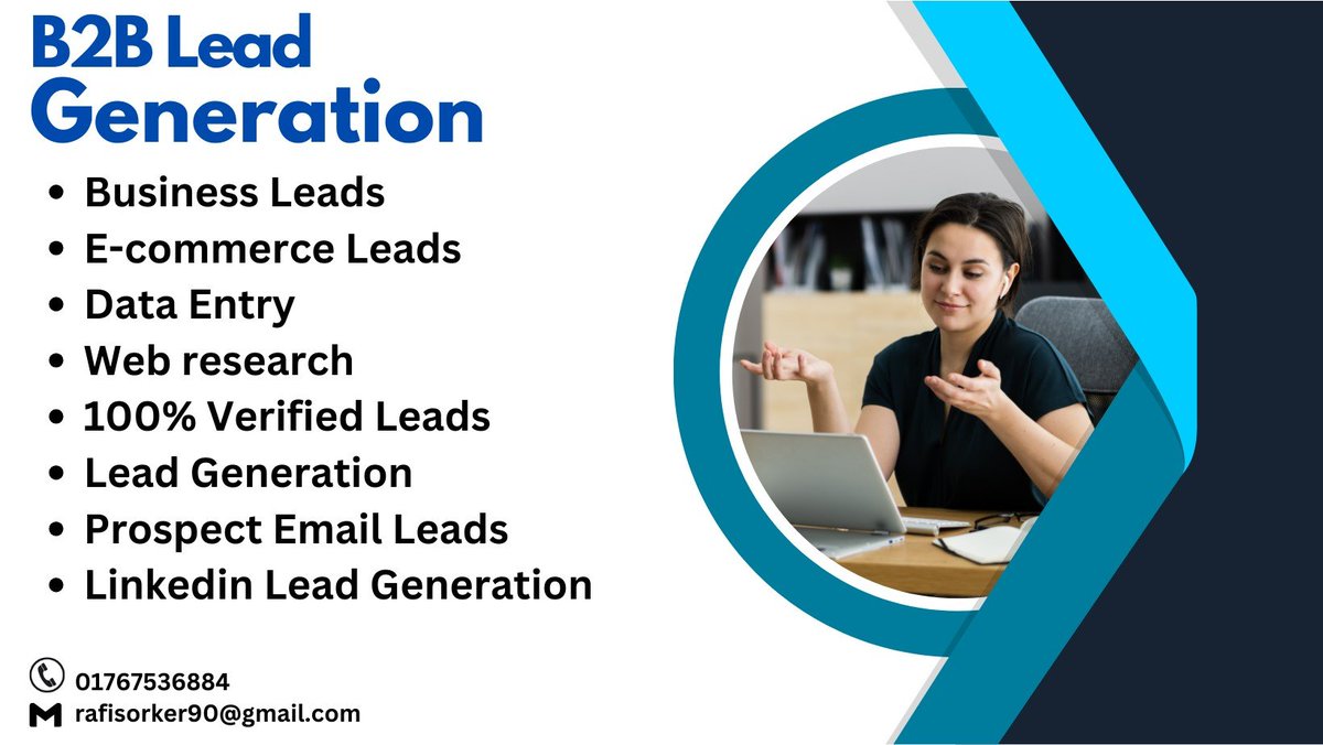 B2b Lead Generation Services 
I am Professional B2B lead Generation LinkedIn Lead Generation Prospect List Building Business and targeted Lead Expert. 
contact us : rafisorker90@gamil.com
Fiverr Link :lnkd.in/dDD_CzeD
lnkd.in/dhywN229
lnkd.in/dxs8j-gW