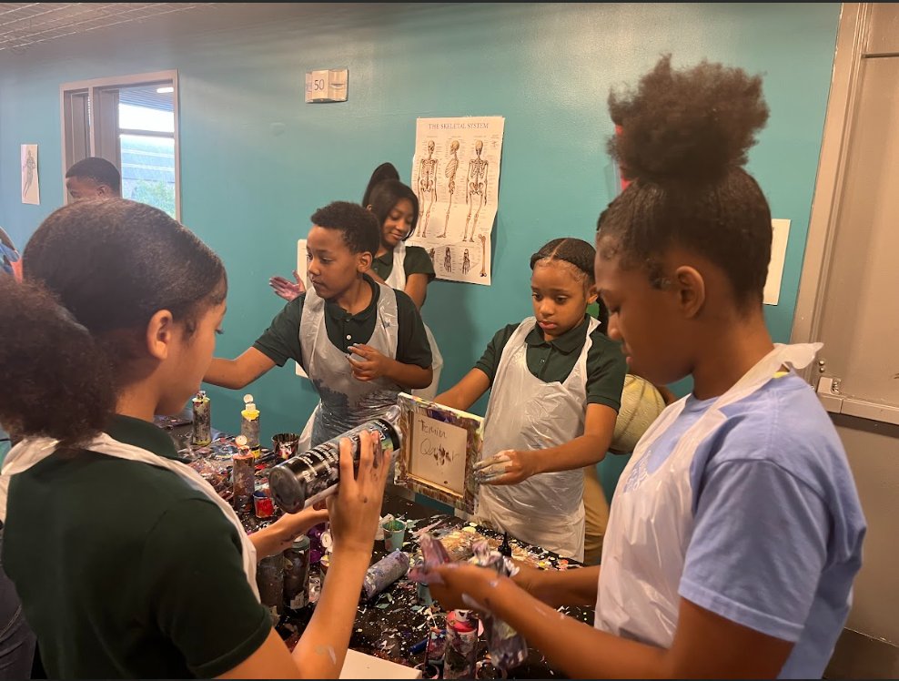 On 10/17, our 6th grade students created fluid art pieces in math class. They used their understanding of ratios, measurement units, &amp; percentages to calculate which medium to use &amp; calculating the costs of the canvases &amp; paint. They loved the look of their finished art pieces!