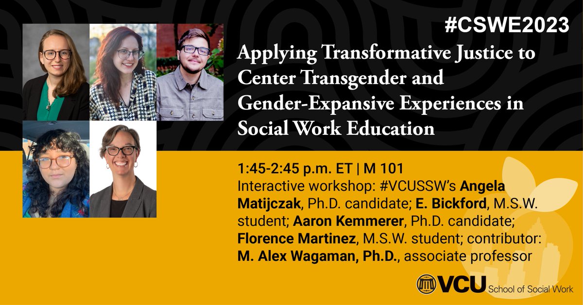 10/27 – <a href="/CSocialWorkEd/">CSWE</a>’s #CSWE2023: #VCUSSW’s Angela Matijczak, Ph.D. candidate; E. Bickford, M.S.W. student; Aaron Kemmerer, Ph.D. candidate; Florence Martinez, M.S.W. student; contributor: <a href="/alex_wagaman/">Alex Wagaman</a>. vcussw.info/APM2023-12