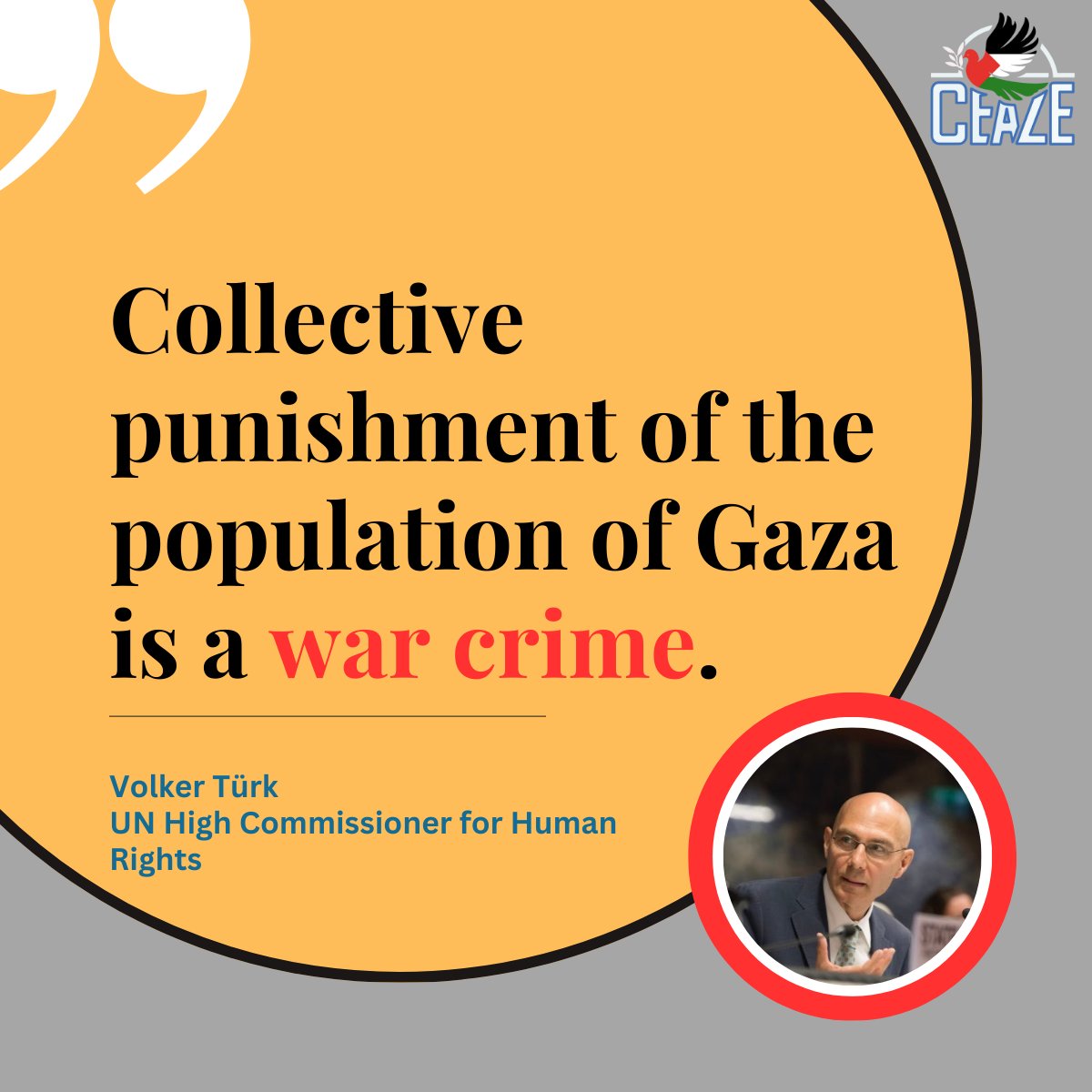 CEAZEInitiative's tweet photo. United Nations High Commissioner for Human Rights @volker_turk says what Israel is doing in Gaza constitutes a war crime. 

#WarCrimesbyIsreal 
#WarCriminalNetanyahu 
#IsraeliCrimes https://t.co/oPAis7M2XI