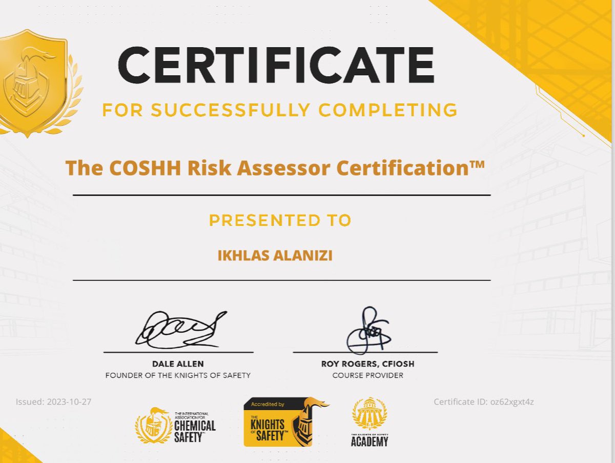 chemist_Ekhlas's tweet image. أخذ دورة #COSHH
يعرف اختصار (COSHH) بـ Control of Substances Hazardous to Health 

ما هو  (COSHH) ؟
هو عبارة عن قانون يتطلب من أصحاب العمل السيطرة على المواد الخطرة على الصحة وذلك عن طريق منع أو تقليل تعرض العاملين للمواد الخطرة. 

سجلو أسمكم بالانقلش ⤵️
academy.theknightsofsafety.com