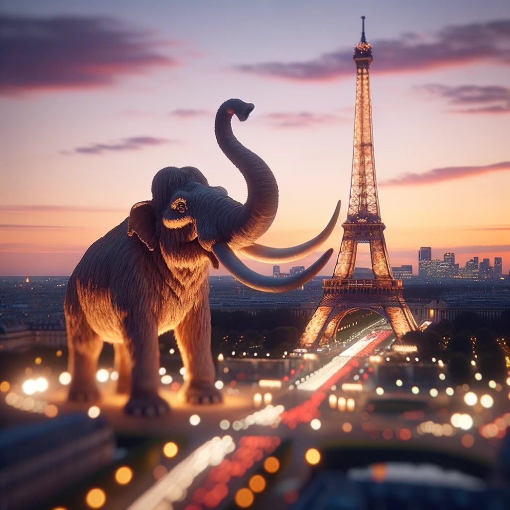 LearnAI_MJ's tweet photo. @patricialeveq The Eiffel Tower scintillates at dusk,
gigantic mammoth waving tusk,
Day's end,
Shot through a beautiful Tilt-shift blur lens.
#DALLE3 #genfill https://t.co/9kDNzmRh0w