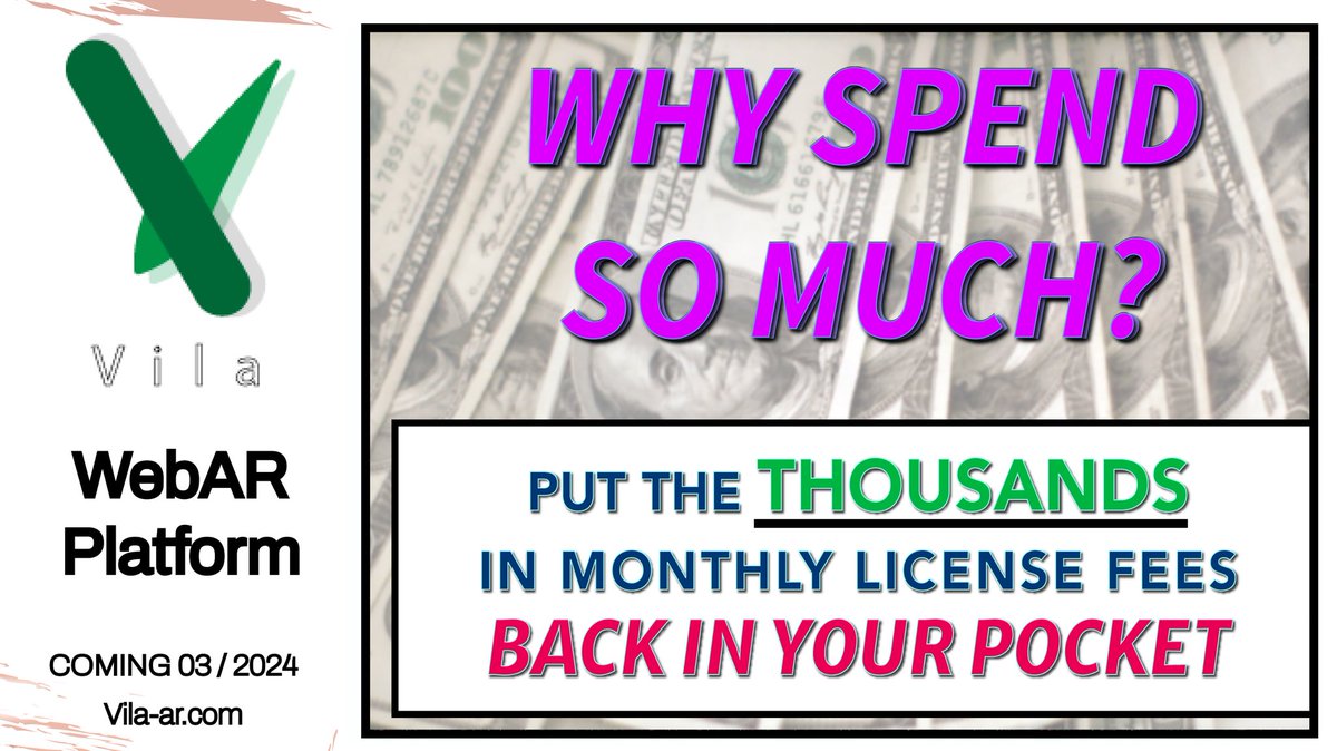 Are the thousands in licensing fees you or your clients are spending every month really worth it? 

JUST to keep your app hosted?

Sounds a little greedy. 

Come sign up with Vila today. No barriers to entry or outlandish monthly fees.

vila-ar.com