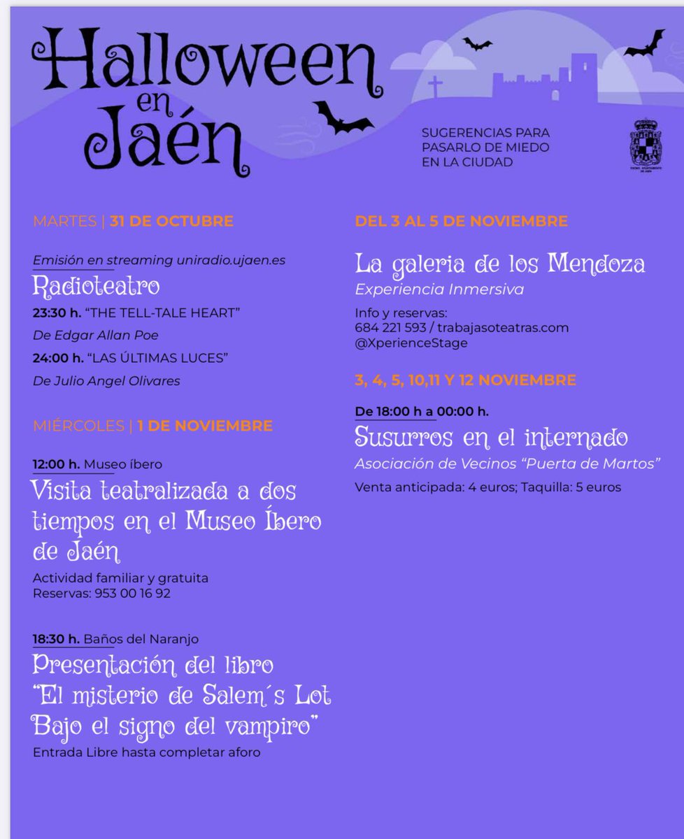 ¿Te atreves a experimentar momentos de terror en #Jaén?

Del 27 de octubre al 12 noviembre dispones de un amplio programa de actividades para todos los públicos.

¿Te animas a dar el paso?

 #JaénAuténtica #Jaénesunica
#viveandalucía #jaenparaisointerior