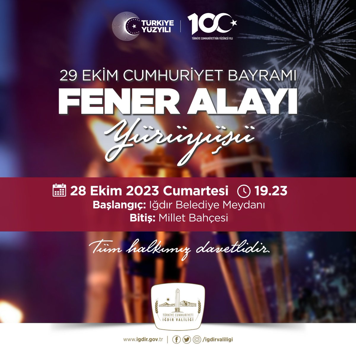 igdirvaliligi's tweet photo. Cumhuriyet Bayramı coşkusunu hep birlikte yaşayalım🇹🇷

🇹🇷Fener Alayı Yürüyüşü

🗓️ 28 Ekim 2023 Cumartesi
⏰ 19.23
📍Belediye Meydanı➡️Millet Bahçesi

Tüm halkımız davetlidir. https://t.co/w2AaPK69xQ
