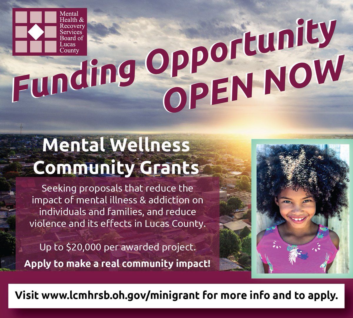 Apply today for a Community Wellness Grant. This round of funding includes ten Grants of up to $20,000 per project available for projects that on reduce the impact of mental illness, addiction, and violence. For more info and to apply, visit> lcmhrsb.oh.gov/minigrant/