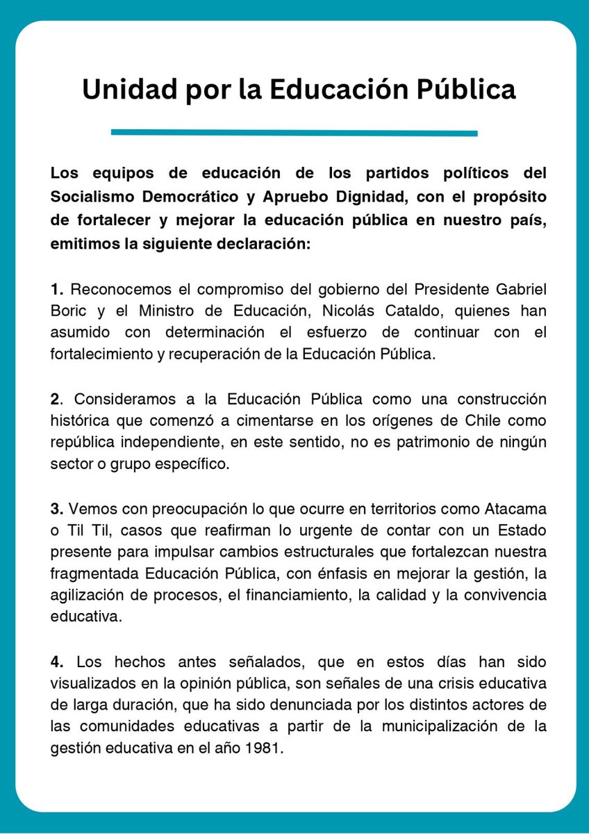 PCdeChile's tweet photo. ➡️ Los equipos de educación de los partidos políticos del Socialismo Democrático y Apruebo Dignidad, con el propósito de fortalecer y mejorar la educación pública en nuestro país, emitimos la siguiente declaración: https://t.co/HQfcsHzb7C