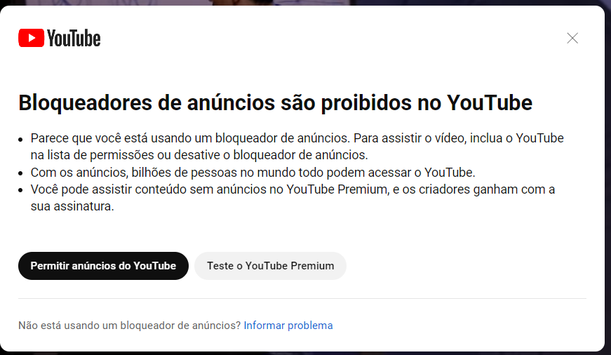 jeffalcant's tweet photo. Youtube começando a empatar o jogo com o AdBlock
:/ https://t.co/z4oYuETWVg