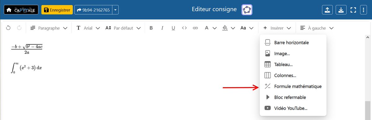 Edit :
L'éditeur de formules mathématiques est opérationnel.
Il est aussi  possible de saisir directement l'expression en #LaTex entre "$".