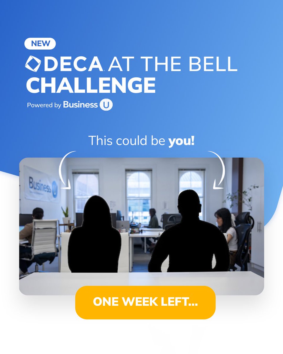 StukentCTE's tweet photo. It’s the last week of the DECA at the Bell Challenge! Have you submitted yours yet? Submissions are open until 5pm, November 3rd! We can’t wait to see the bellringers you @DECAInc students have created. 🙂  #businessu #decachallenge https://t.co/YNgpl80n8Y