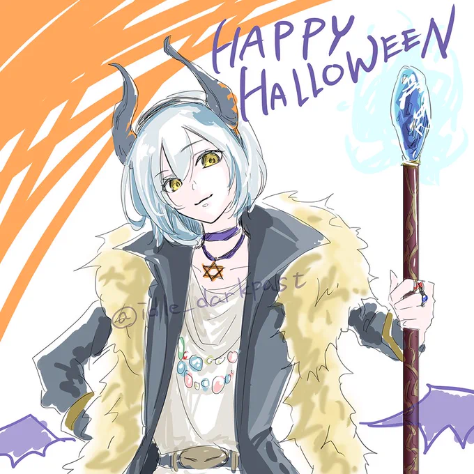 ちょっと早めの殴り書きハロウィン名古屋リ様  ツノとか普通に生やせるだろうけども、ちゃっちいおもちゃ付けたりがお祭り感あって良いよねって。