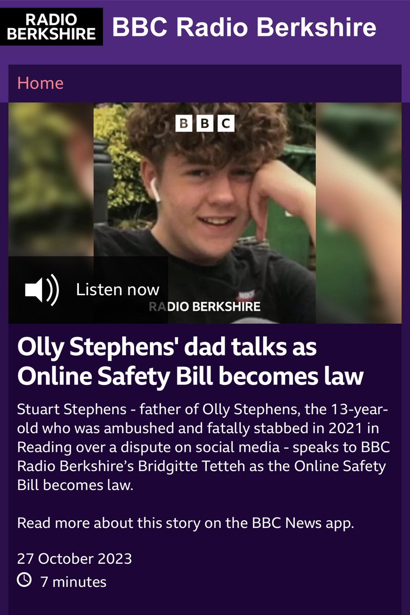 Bridgitte Tetteh (@bridgittett) on Twitter photo I’ve been chatting to Stuart Stephens - father of Olly Stephens, the 13-year-old who was ambushed and fatally stabbed in 2021 in Reading over a dispute on social media about the Online Safety Bill becoming law. Listen here bbc.co.uk/programmes/p0g… <a href="/BBCBerkshire/">BBC Berkshire</a> <a href="/BBCOxford/">BBC Oxfordshire</a> I’ve been chatting to Stuart Stephens - father of Olly Stephens, the 13-year-old who was ambushed and fatally stabbed in 2021 in Reading over a dispute on social media about the Online Safety Bill becoming law. Listen here bbc.co.uk/programmes/p0g… <a href="/BBCBerkshire/">BBC Berkshire</a> <a href="/BBCOxford/">BBC Oxfordshire</a>