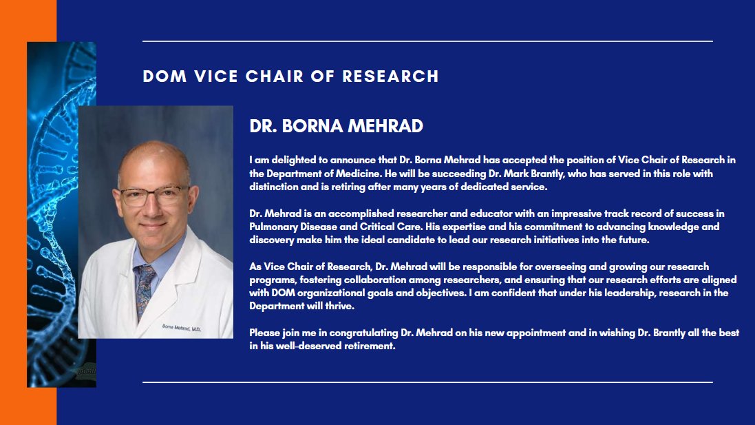 Congratulations to Dr Borna Mehrad on becoming the new UF Department of Medicine Vice Chair of Research!  Announcement from Dr Jamie Conti: